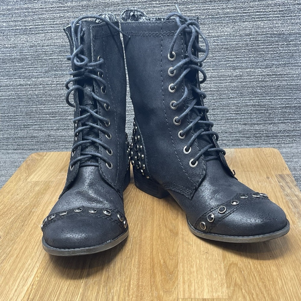 Gianni Bini Boots Women 8.5 M Black Distressed Leather Studded Biker Goth Lace - Picture 7 of 14